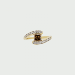 18K Y/G Cognac & White Diamond Ring  C7 SI  1RD=0.86cts  H SI 20RD=0.18cts