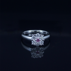 18K W/G Pink  & White Diamond Ring  4P/SI  1RD=0.07cts  H/SI 6RD=0.42cts