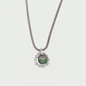 S/S R/P Black South Sea Pearl & CZ Pendant 12mm +Chain