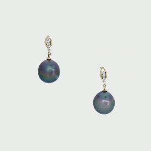 18 W/G Black South Sea Pearl & Diamond Earrings 12mm 0.10cts