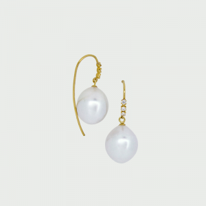 18K Y/G White South Sea Pearl & Diamond Earrings 10mm 0.08cts