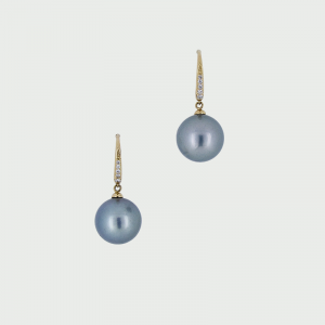 18K Y/G Black South Sea Pearl & Diamond Earrings 12mm 0.08cts